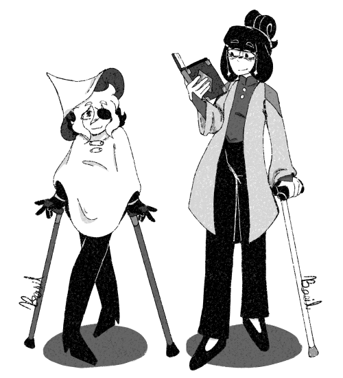 Fanart of Siffrin and Odile from In Stars And Time. Siffrin has their legs crossed dramatically and is supporting himself with a pair of forearm crutches. Odile holds a book in one hand and uses a cane to support herself in the other.