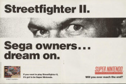 vgprintads:  &ldquo;Street Fighter II&rdquo; [SNES] [UK]Mean Machines Sega Magazine, October 1992 (#1)via The Internet Archive SHOTS FIRED! For the debut issue of Mean Machines Sega Magazine, Nintendo actually paid to feature some two-page trolling right