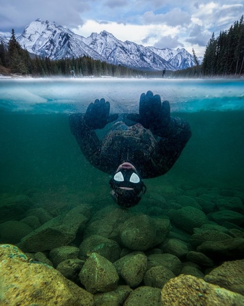 Coldwater freediver Magali Côté emerges from beneath the ice at Johnson Lake while unsuspecting ho