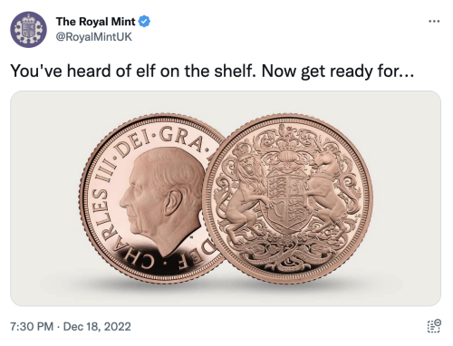A screenshot of a tweet by the official Royal Mint of the UK (@RoyalMintUK on Twitter) reading "You've heard of elf on the shelf. Now get ready for..." above a picture of the new British penny with an image of King Charles' head.