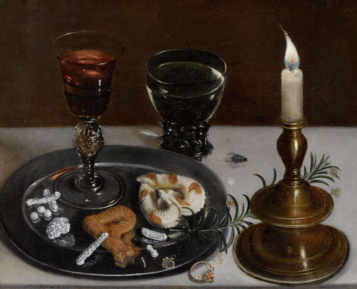 Clara Peeters, Still life with dainties, rosemary, wine, jewels and a burning candle, 1607