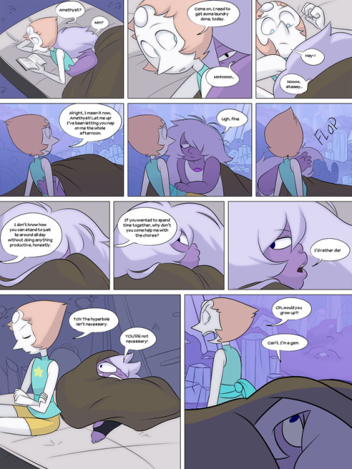 missgreeneyart:I’m sure lying motionless for hours while Amethyst snoozes is really boring for Pearl. Amethyst is sad Pearl would rather wash Steven’s dirty clothes than hang out with her.