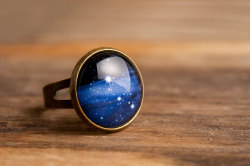 wickedclothes:  Milky Way Galaxy Ring Fully adjustable in size, this antique brass ring features an image of the milky way galaxy. The image is placed in a glass dome to preserve its quality. Sold on Etsy.