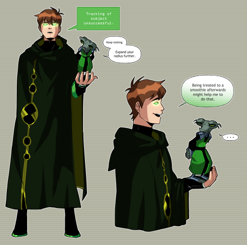 Some concept art and notes for an AU I’ve been thinking about where Ben and the Omnitrix fuse 