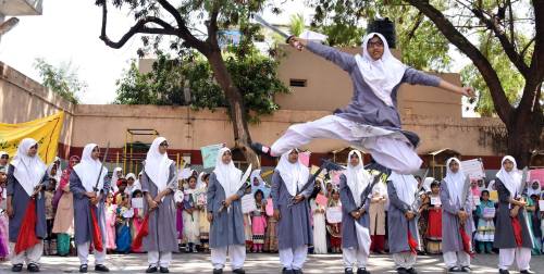 scowlofjustice:  rosebleue:  mvslim:    These Indian Muslim schoolgirls, all aged between 10 and 16 years old, are performing Vovinam, a Vietnamese martial art, at the Saint Maaz High School in Hyderabad. Encouraged by their parents and school officials,