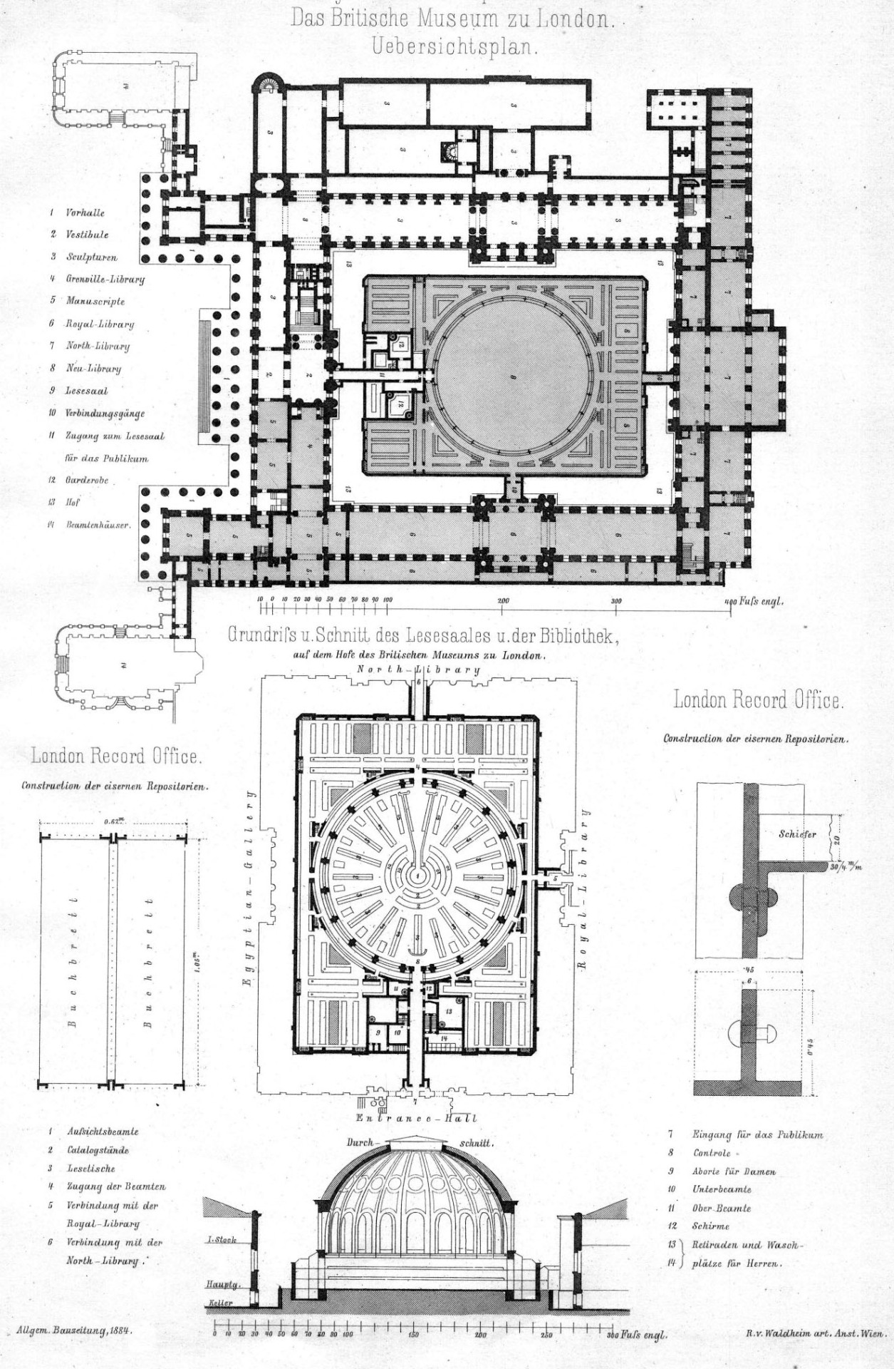 Plans and elevation of the British Museum and British Library, London