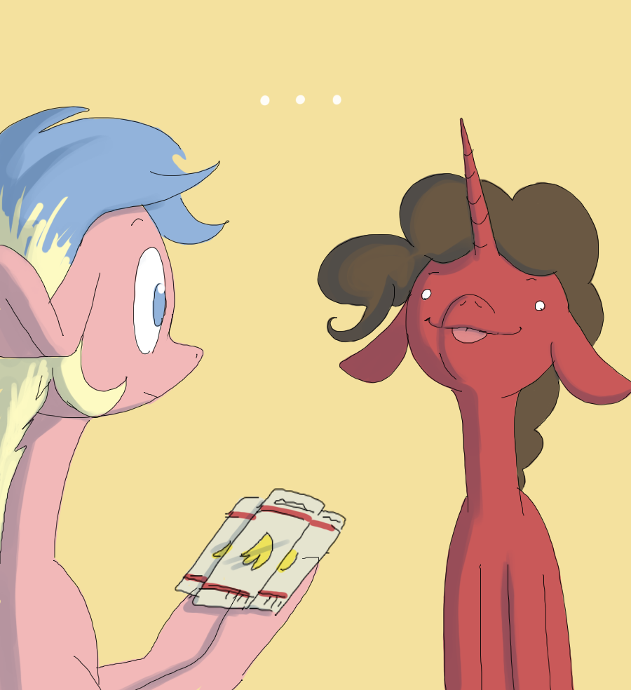 ponybalderdashery:supercooldrawblog:banana pie works in mysterious ways  He doesn’tI’m