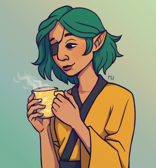 [ID: digital art of Dr Carmilla, wearing a yellow kimono, holding a yellow mug of steaming coffee. S