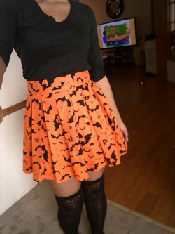 onelittlekingdom:  Outfit, makeup, and underwear of the day, Halloween came early I surely do think the way you do Halloween is most eye catching young lady. Certainly that skirt screams Halloween with those colors. Crossing my fingers that I get trick