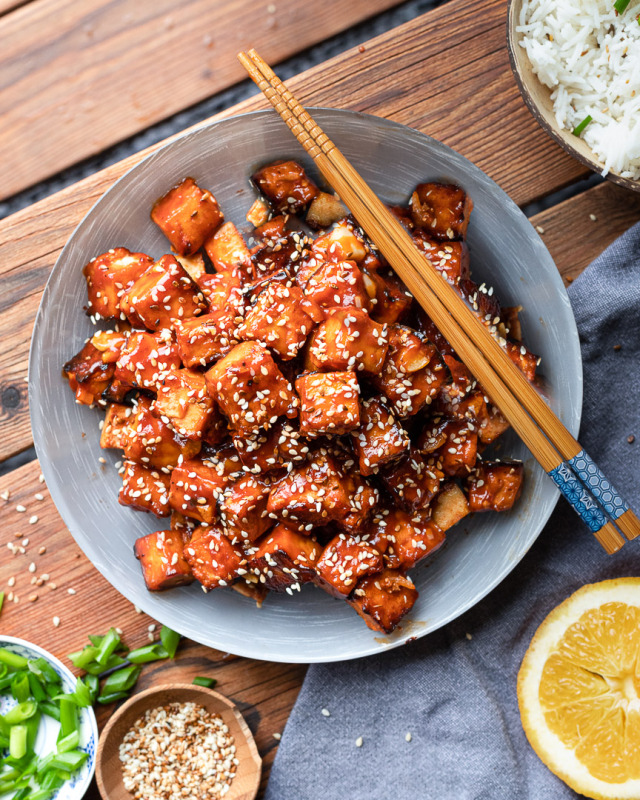 plate of saucey orange sesame tofu 