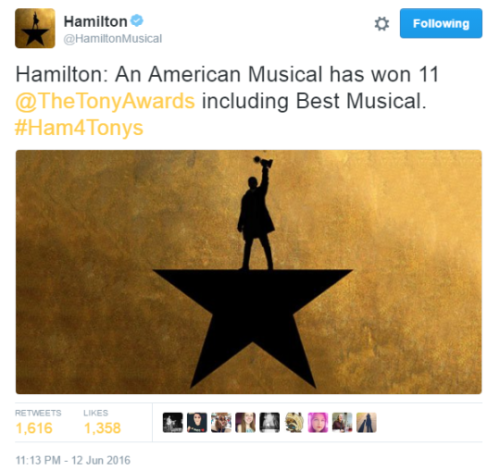 micdotcom:Hamilton wins 11 Tony awards including Best MusicalHamilton won the 2016 Tony Award for be