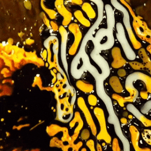 A close-up of a yellow black and white liquid circling around