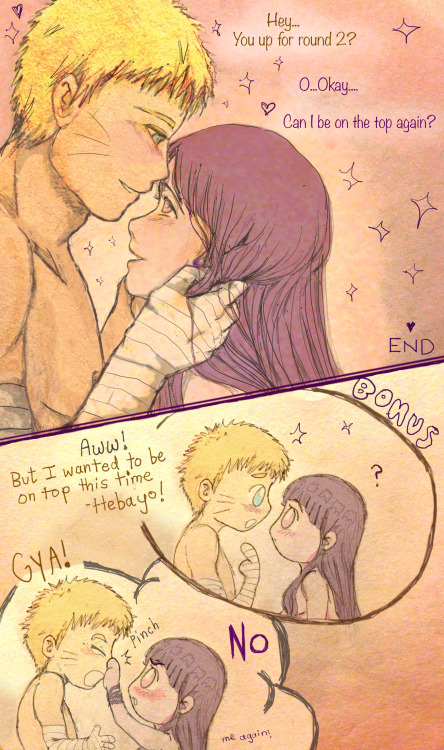 onemerryjester:  “Hinata On Top”(Because I find it adorable if Naruto encourages her to take the lead ^^ ) Okay kids, here is my first attempt at some Naruhina smut. More fluffy smut. Have some hair porn too.   Read from LEFT to RIGHT. This took