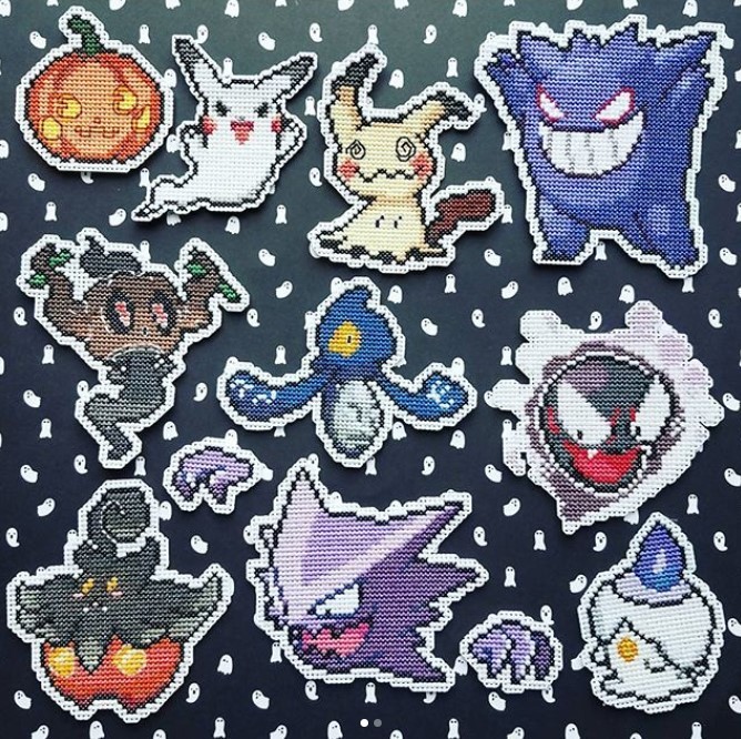 retrogamingblog:Glow-in-the-dark Pokemon Cross-stitches made by MeleeMissyStitchery