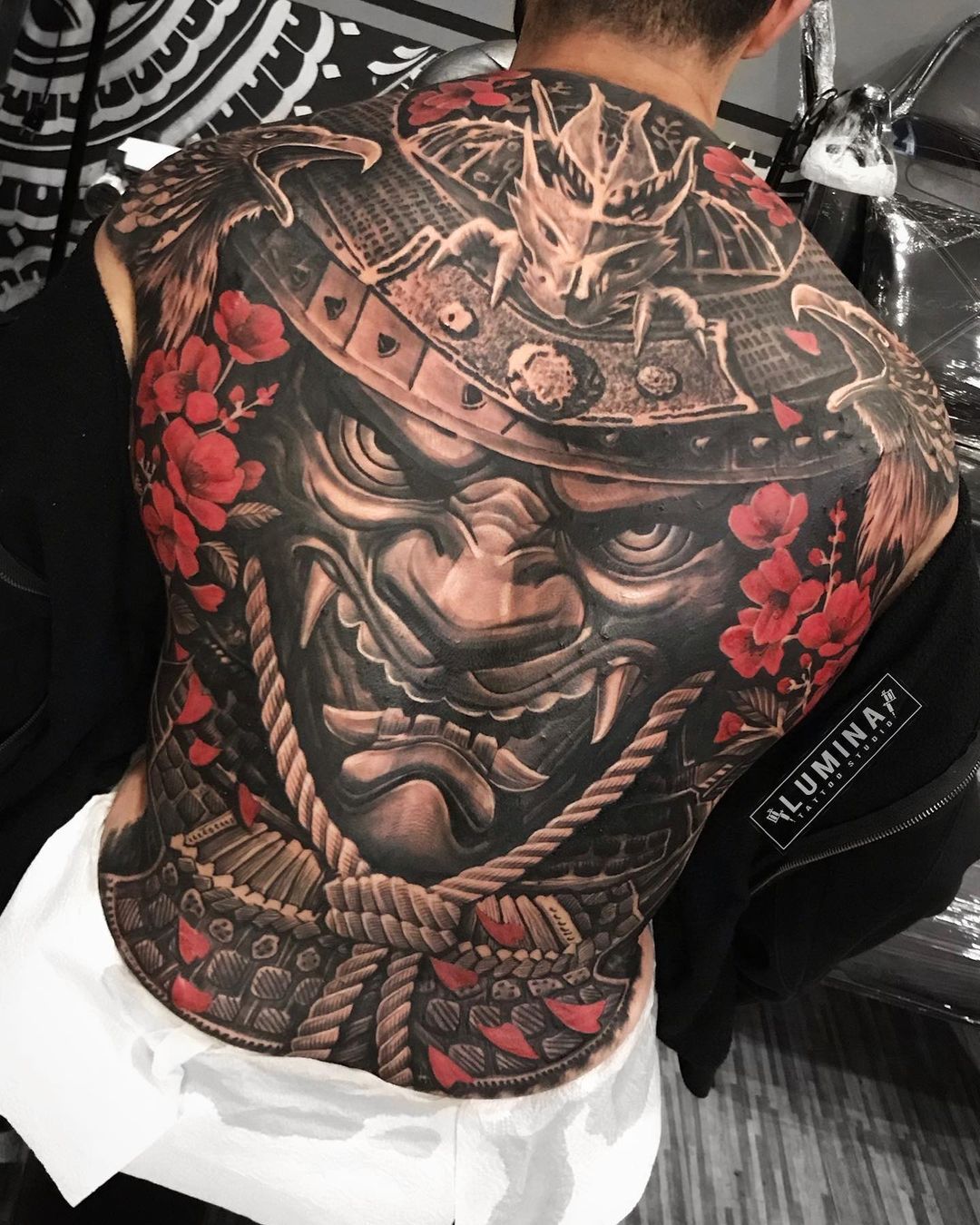 100 Portrait Black  White Dragon Samurai Mask Back Tattoo Design For  Women female png  jpg 2023