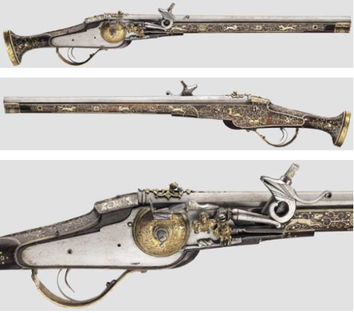Gold, silver, and bone decorated wheel-lock pistol, dated 1612. Originates from Saxony.