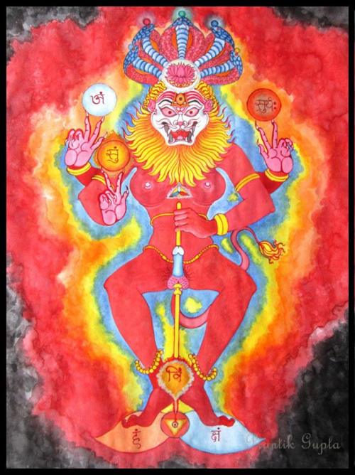 He is situated in agya chakra between the brows where the two subtle nerves finally dissolve their b