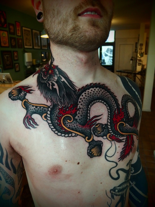guyletatooer:  Tibetan dragon . Done on Thye at Papanatos . 