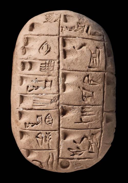 Sumerian terracotta tablet with pictographs (c. 3500 BC, during theLate Uruk Period).  Dimensions ar