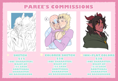 parparee: Hey everyone! I’m opening commissions!  I draw OCs, fanarts, shippy art etc I don’t draw f