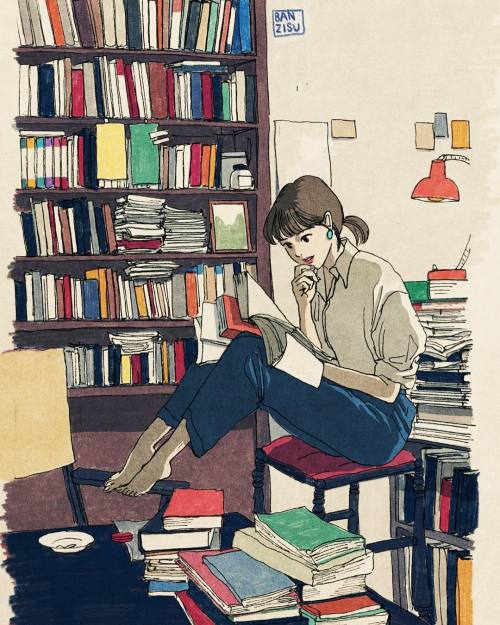 bibliolectors:Entre libros. Cual será su profesión? (ilustración de Banzisu)