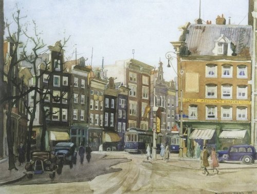 The Spui with the Blue Tram, Amsterdam  -  Sam van Beek , 1935Dutch,1878-1957Oil on canvas