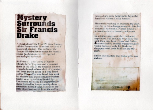 Uncharted I: Nathan Drake’s journal extra pages. Elena’s journal was published as promo material bac