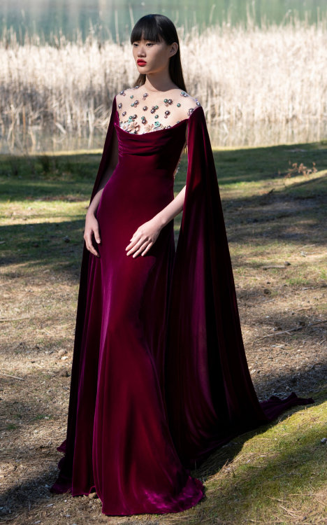 themakeupbrush:Costarellos Red Avery Embellished Silk Velvet Cape Sleeve Gown