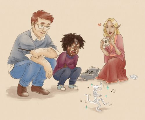 tazdelightful: [ID: A colored digital sketch of Barry, Gordy, and Lup. Barry is a white human man we