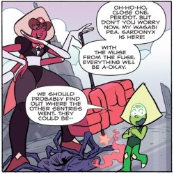 SARDONYX CALLS PERIDOT HER WASABI PEA, SHADS I AM NOT READY. (Apparently Harmony #2 came out and now I need it.)(harinezumiko)IS PERIDOT BLUSHING