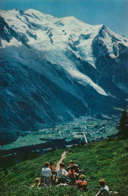 northern-lady:vintagenatgeographic:The French town of Chamonix huddles in the narrow valley crushed 
