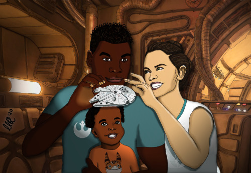 sherwoodfairytales: Finn, Rey and their child playing with a toy Millennium Falcon… on the Mi