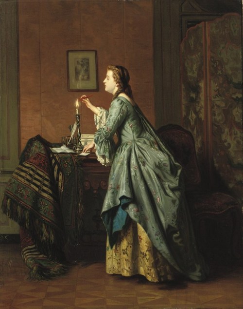 Jean Carolus (1814 - 1897)Jeune fille cachetant une lettre: sealing the loveletter, 1863