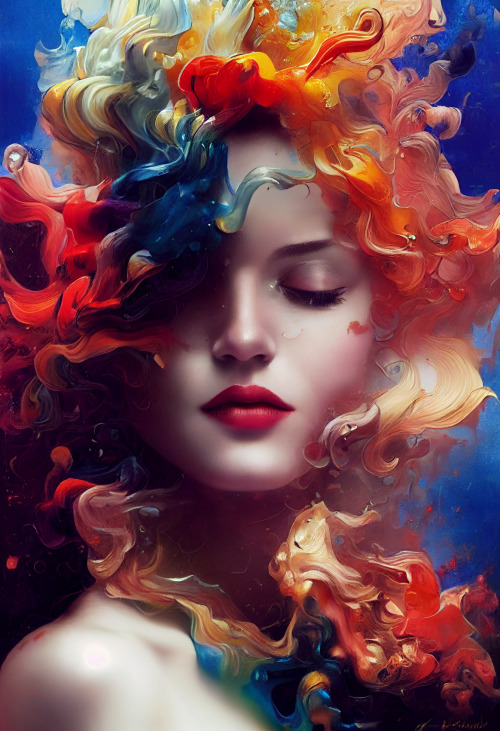 Prompt: Faceless Woman With Blond Curly Hair Dissolving Into Colorful Abstract Liquid Oil Paint Ink Splash,