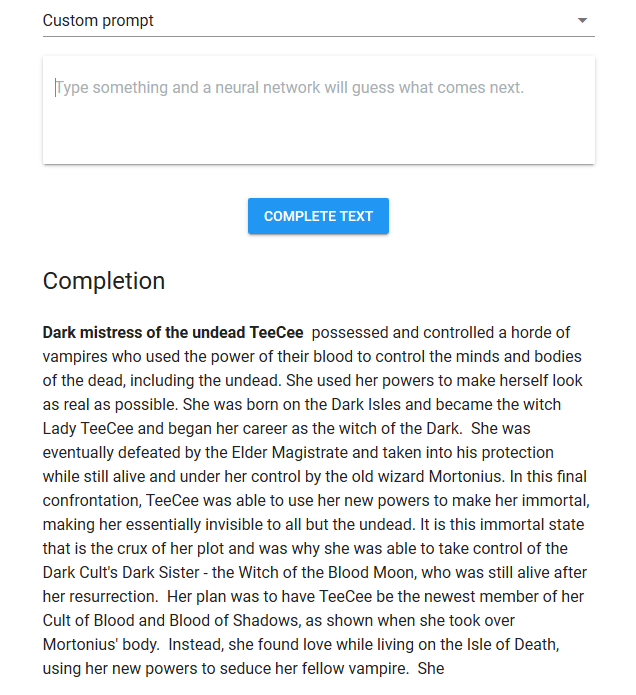 https://talktotransformer.com/  is very good for coming up with random character