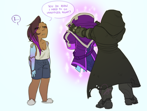 jagbeast:  Sombra didn’t know what she expected from a man clad in leather and an owl-like skull mask. (my own shitposting about sombra inspired this)   Sombra <3