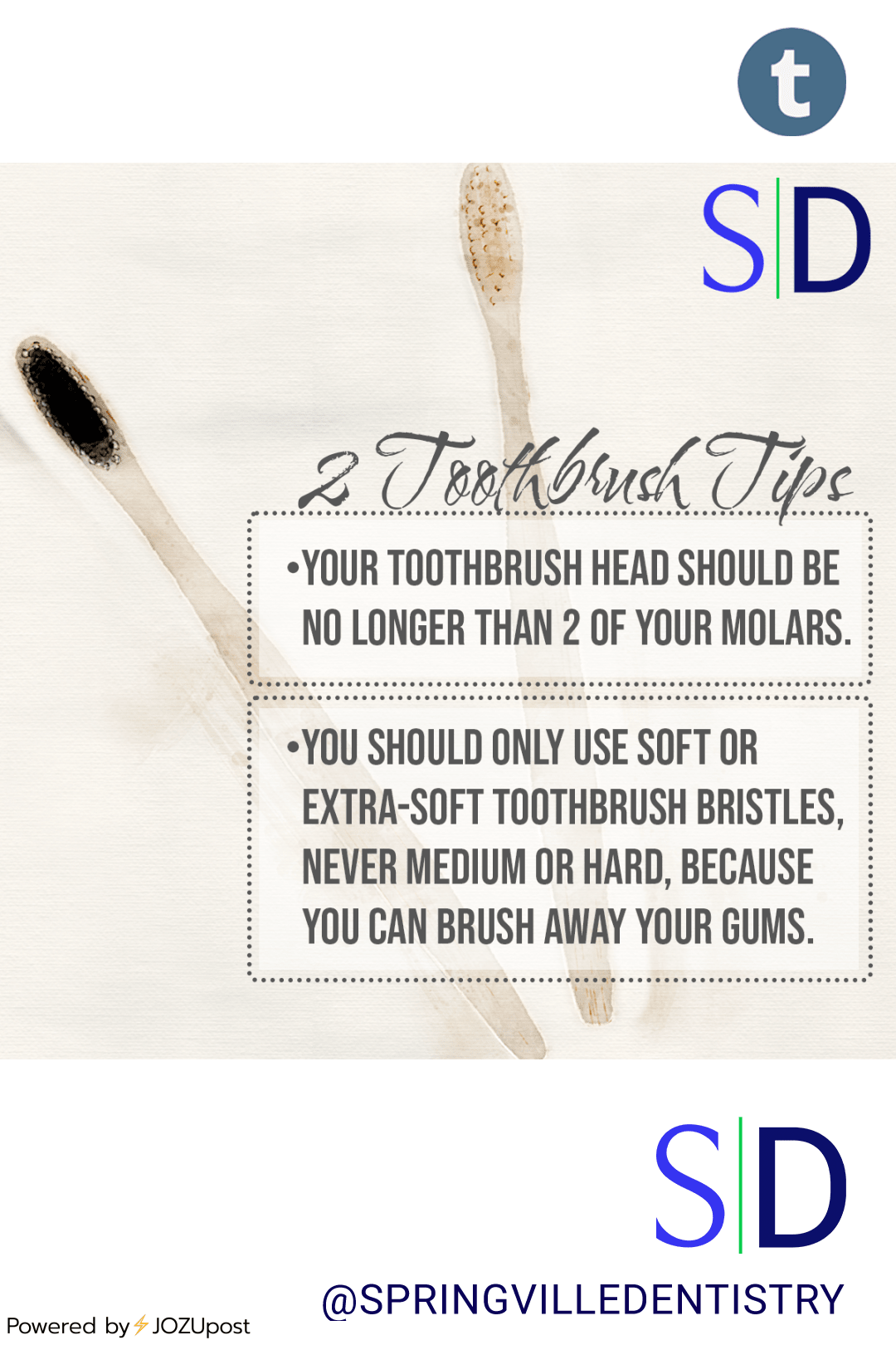 2 TOOTHBRUSH TIPS:
•Your toothbrush head should be no longer than 2 of your molars.
•You should only use soft or extra-soft toothbrush bristles, never medium or hard, because you can brush away your gums. 🦷🪥⭐️
•
•
•
•
•
#toothbrush #molarteeth