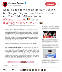 kyuudos: SHANGHAI DRAGONS CONFIRM 4 MID-SEASON SIGNINGS It is now solidly confirmed and known that the rumors are true. The Dragons will be welcoming Sky, Fearless, Ado, and Geguri to their roster for Stage 2 of the Overwatch League.Tonight and forever,