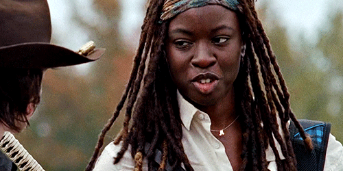 carolsdixxon: Michonne + Smiling Hmm. Notice that in all of these pics except two they involve Rick 