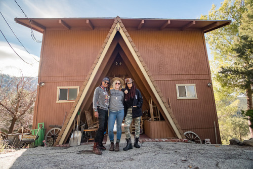 Lakota Cabin with two amazing legendary motorcycling women- Gevin Fax (left) and Tana Roller (right)