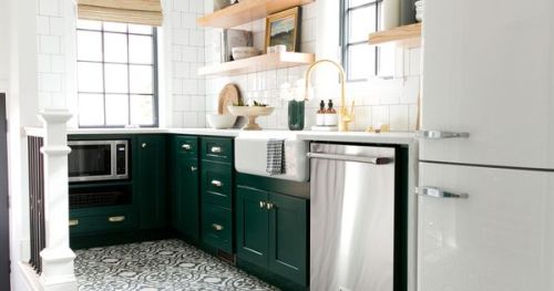 #BagoesTeakFurniture Patterned Tiled Floors and Green Cabinets! Denver Tudor Project - Studio McGee,