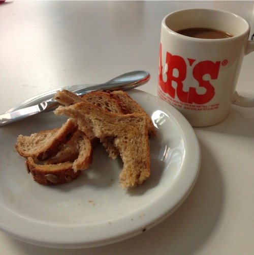 How Sarah feeds her house guests: fresh coffee and her rejected bread crust.