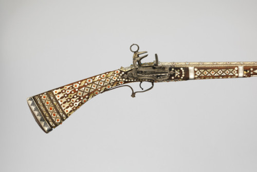 met-armsarmor:Miquelet Gun, Arms and ArmorMedium: Wood, steel, brass, niello, silver, mother-of-pear