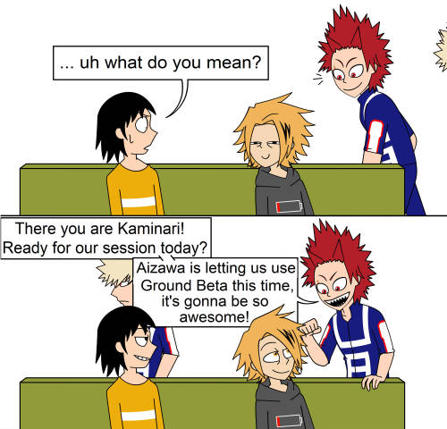 Kaminari getting dragged to training is so funny to imagine, even more hilarious if it’s Bakugo doin