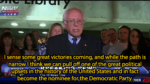 destinyrush:  Bernie Sanders Reacts to Indiana Win   At a press conference after his victory in Indiana, Bernie Sanders expressed his confidence that he can “pull off one of the greatest political upsets” in the history of the US to defeat the other