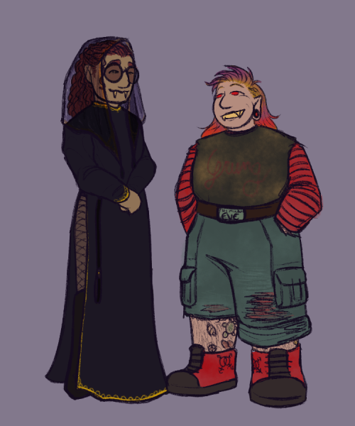 a colored sketch of two ocs: Anna, a pale brown vampire woman with auburn hair and big round glasses and a translucent veil, wearing a long dress with an open side that reveals fishnets and knee-high boots; and Eve, a fat pale white vampire woman with red eyes and dirty blonde mullet dyed purple on top and red on bottom, wearing a faded black shirt over a red and black striped long sleeves shirt, cargo pants with one leg ripped off below the knee and the other folded up, and red and black sneakers.