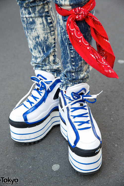 Harajuku fashion boutique buyer Li Lium wearing vintage pieces with Chanel and tall Fila platform sn