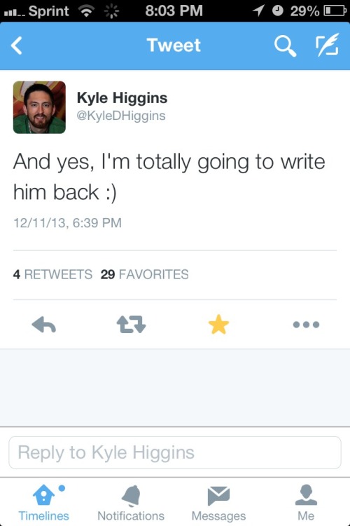 bluelanternof2814:Kyle Higgins, writer of the current Nightwing comic, gets a letter from a fan.