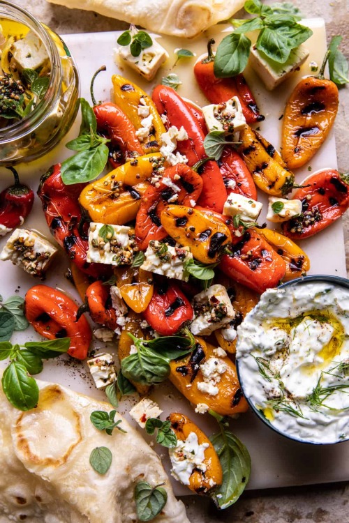 daily-deliciousness:Charred peppers with marinated feta and tzatziki