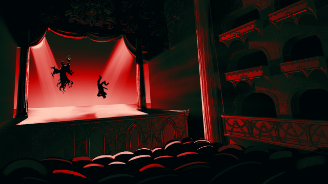 a drawing of the Prague opera house fight in the rusty quill gaming podcast; the stage is lit with red light, and Kafka and Bertie hover above it in silhouette. Bertie hangs upside-down by his ankle.